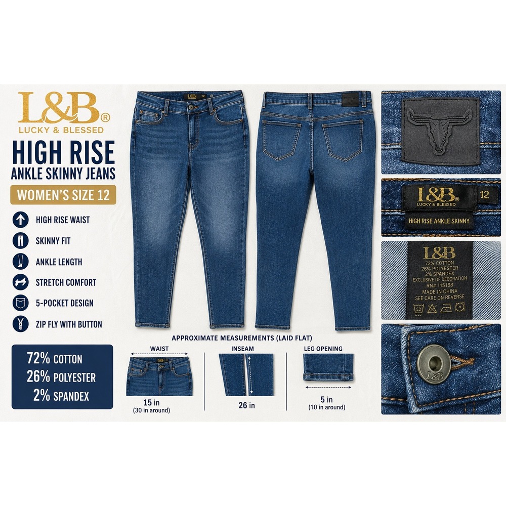 L&B Lucky & Blessed Womens High Rise Ankle Skinny Jeans Blue Denim Size 12